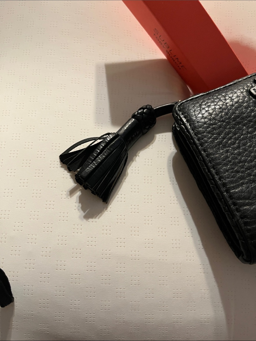EUC Tory Burch Black Pebbled Leather Tri Fold Wallet with Tassel, Sublime in box - Picture 6 of 13